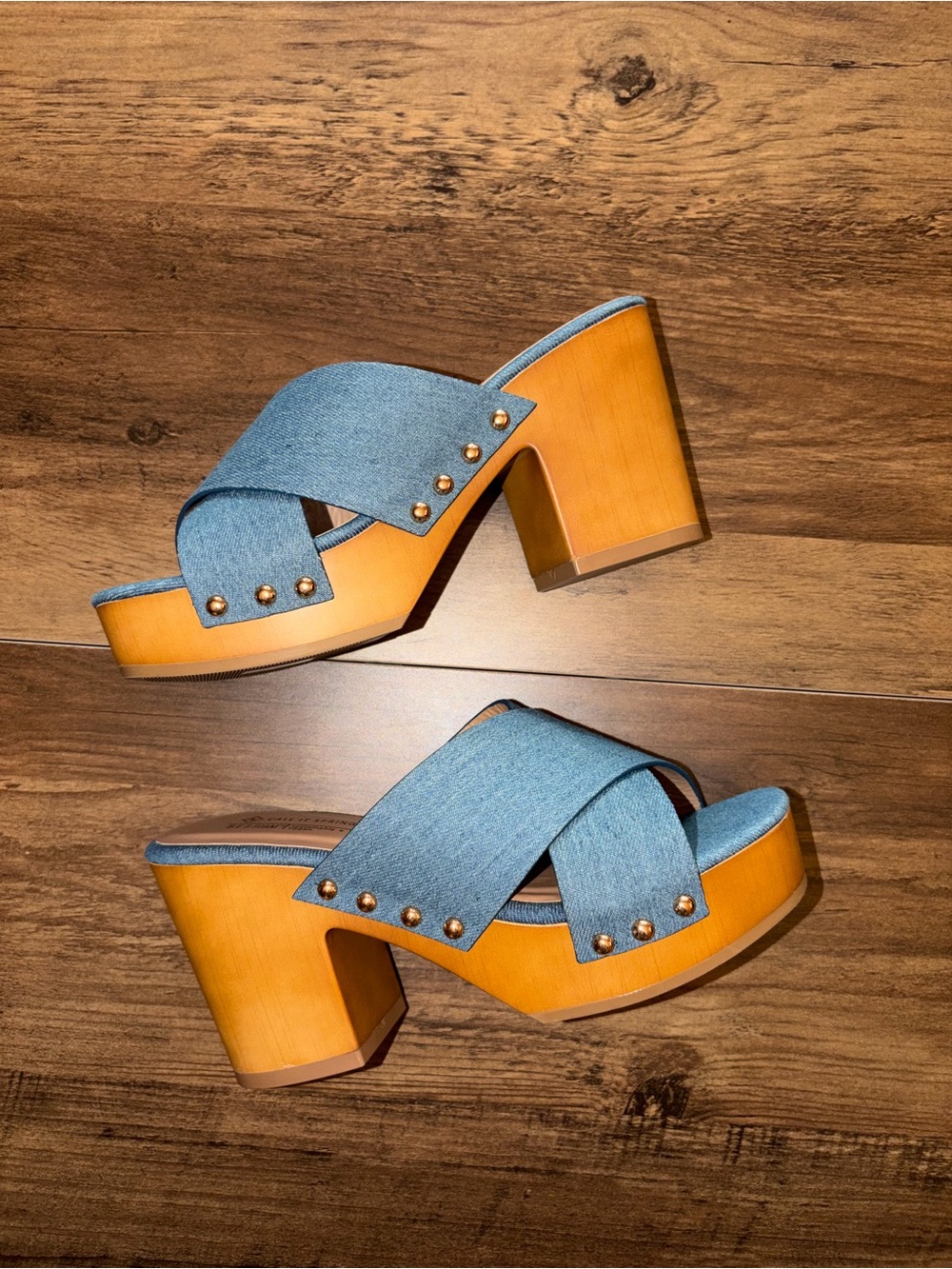 NWOT Call It Spring Denim Platform Clogs | Size 6 | Studded Block Heel | Vegan